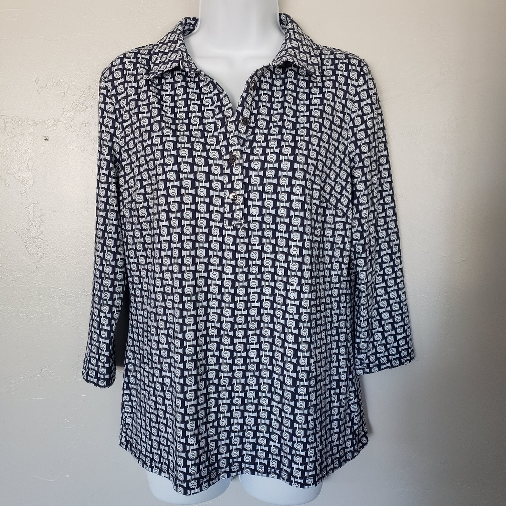 Talbots Small Blue Nylon Blend Blouse Chain Link Print Pattern Popover Dressy